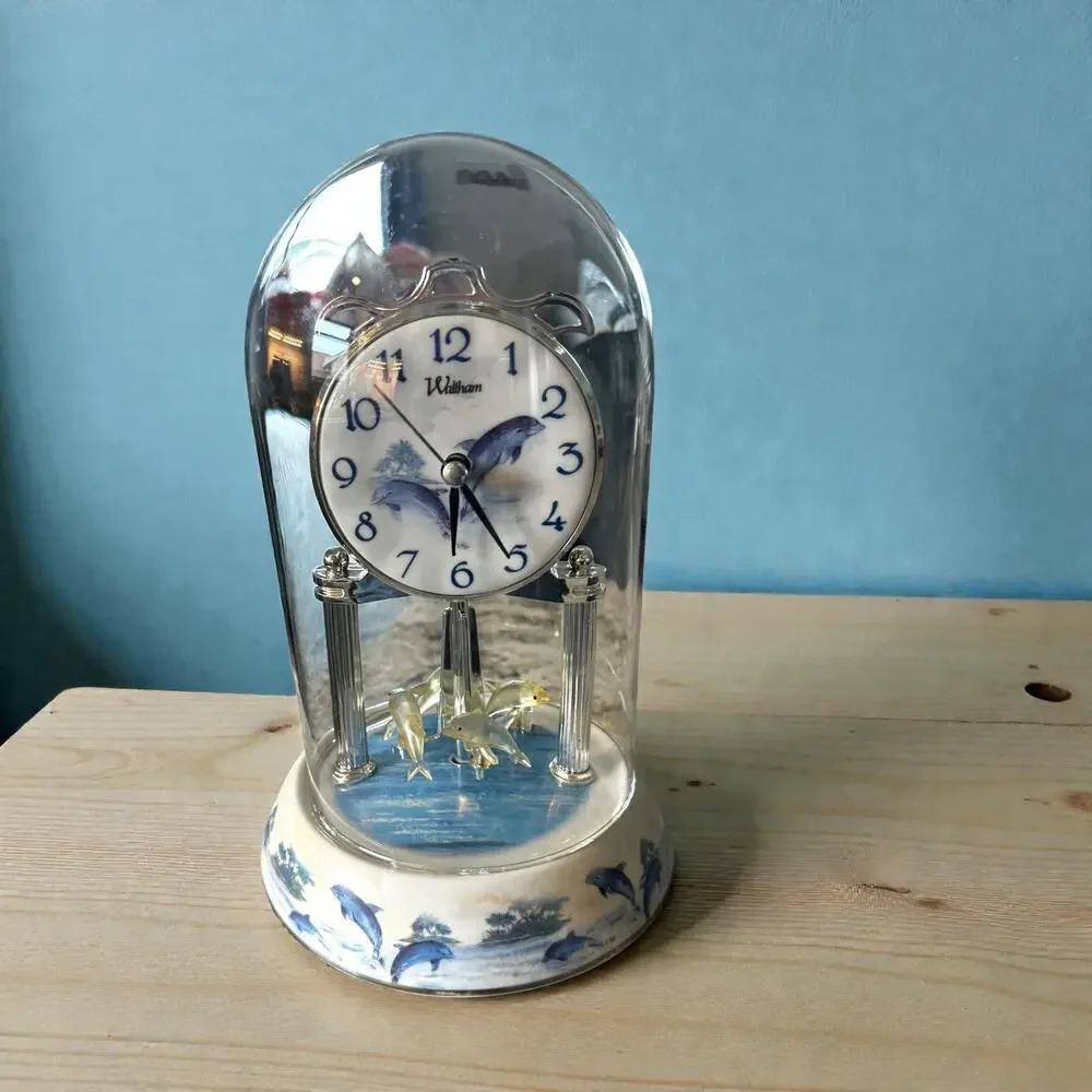 Waltham Dolphin Anniversary Clock Blue White Porcelain Glass Dome Quartz